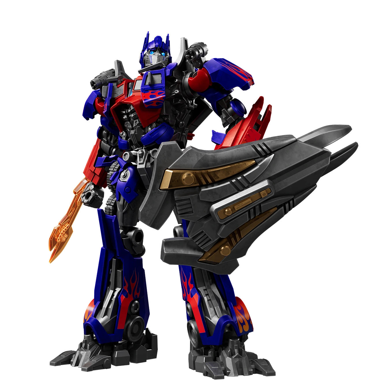 Detailed CC21 Jet Wing Optimus Prime action figure standing ready, wielding an orange energon sword and a large gray and gold segmented shield