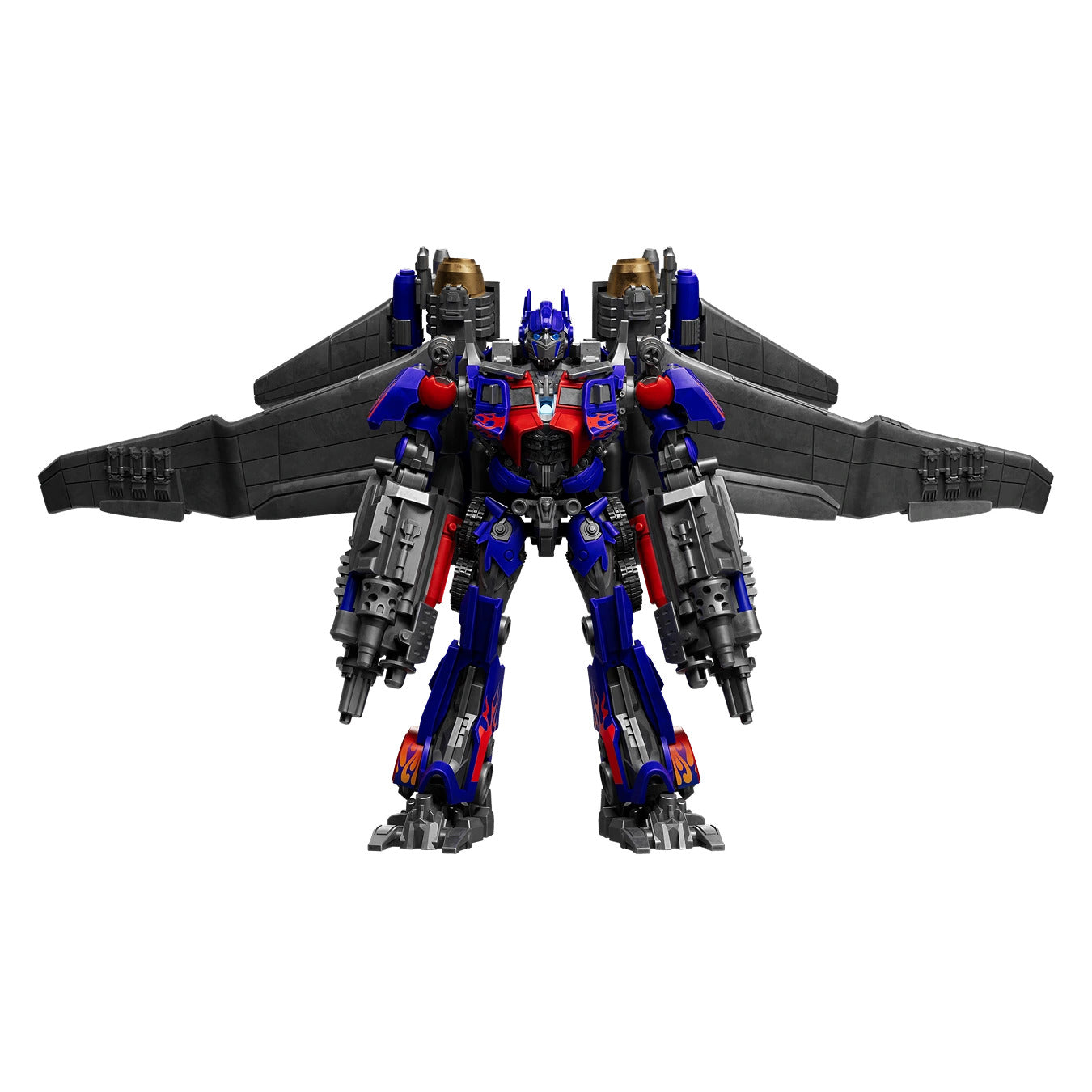 Detailed Jet Wing Optimus Prime figure in blue and red armor stands forward facing displaying massive dark gray wings and powerful forearm blasters