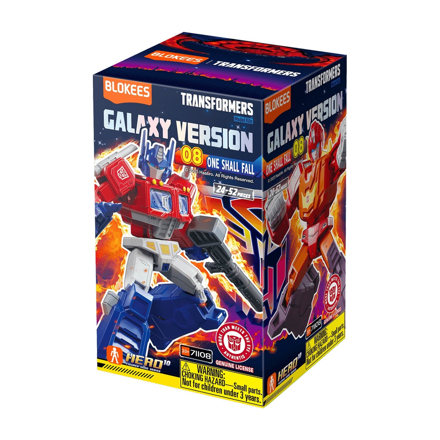The Blokees Transformers Galaxy Version 08 blind box package displays Optimus Prime and an orange bot, detailing the 24-52 piece model kit inside