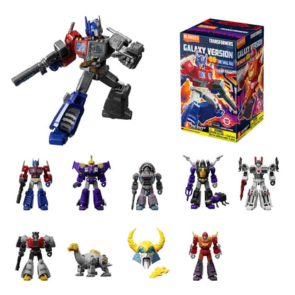 The dark blue Blokees Transformers GV08 One Shall Fall blind box is pictured alongside nine collectible robot model kits including Optimus Prime and Unicron