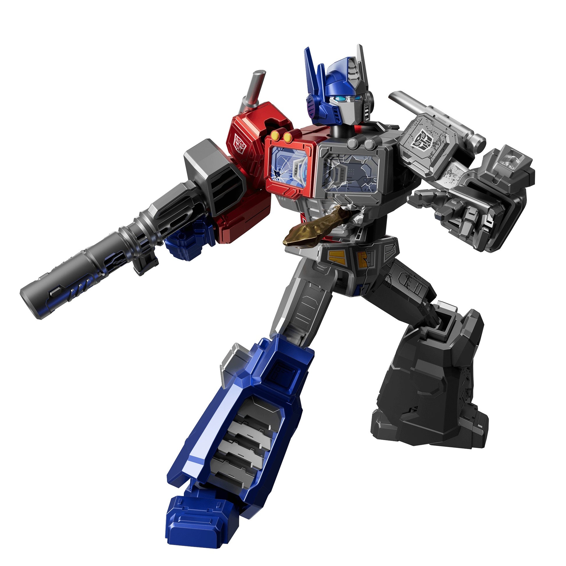 Highly detailed Transformers Blokees figure of damaged Optimus Prime with cracked chest windows, holding a weapon while struck by a bronze serpent