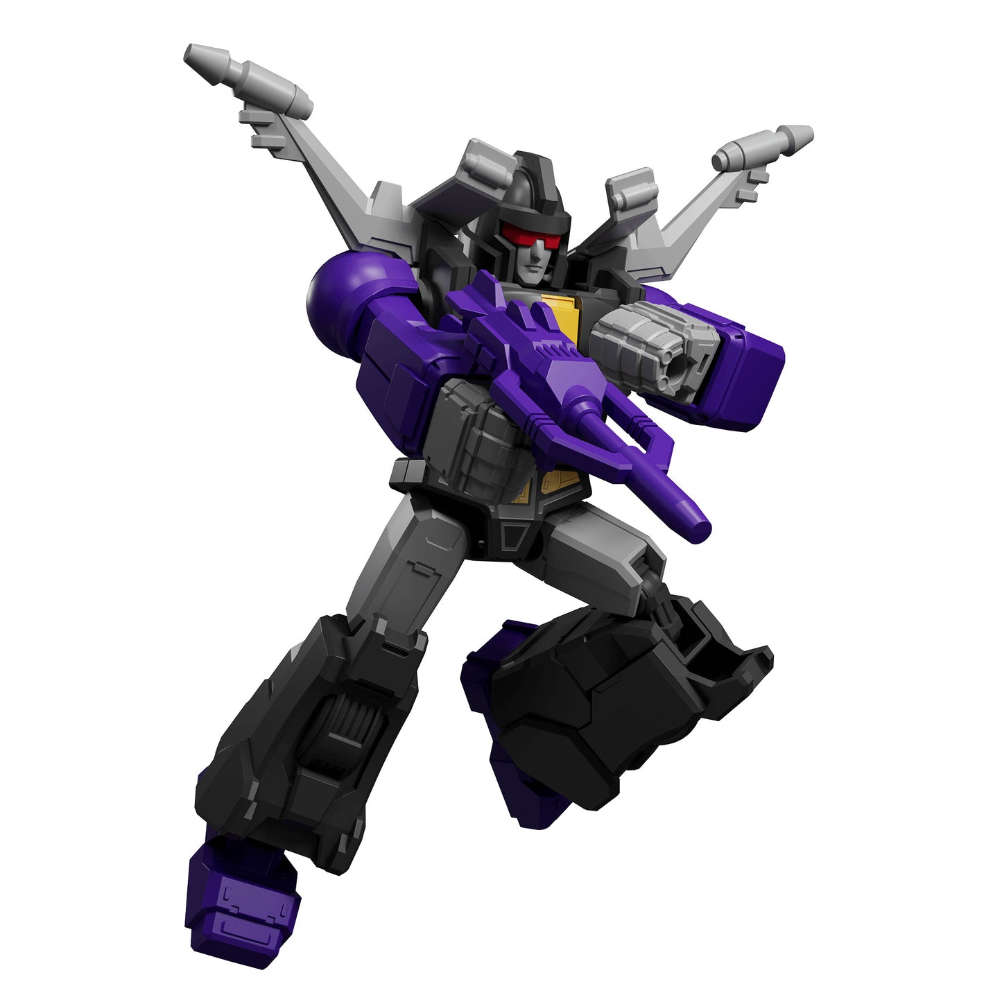 Dynamic rendering of the Transformers Blokees Skywarp figure, featuring black, grey, and vibrant purple armor with red eyes