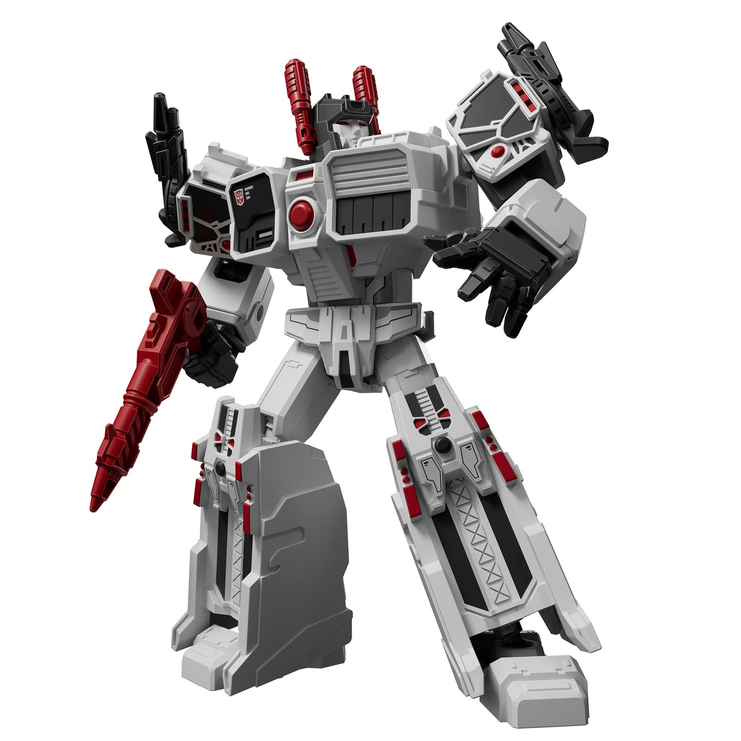 Dynamic render of the white and gray Transformer figure featuring black armor plates, shoulder cannons, and a bright red hand weapon