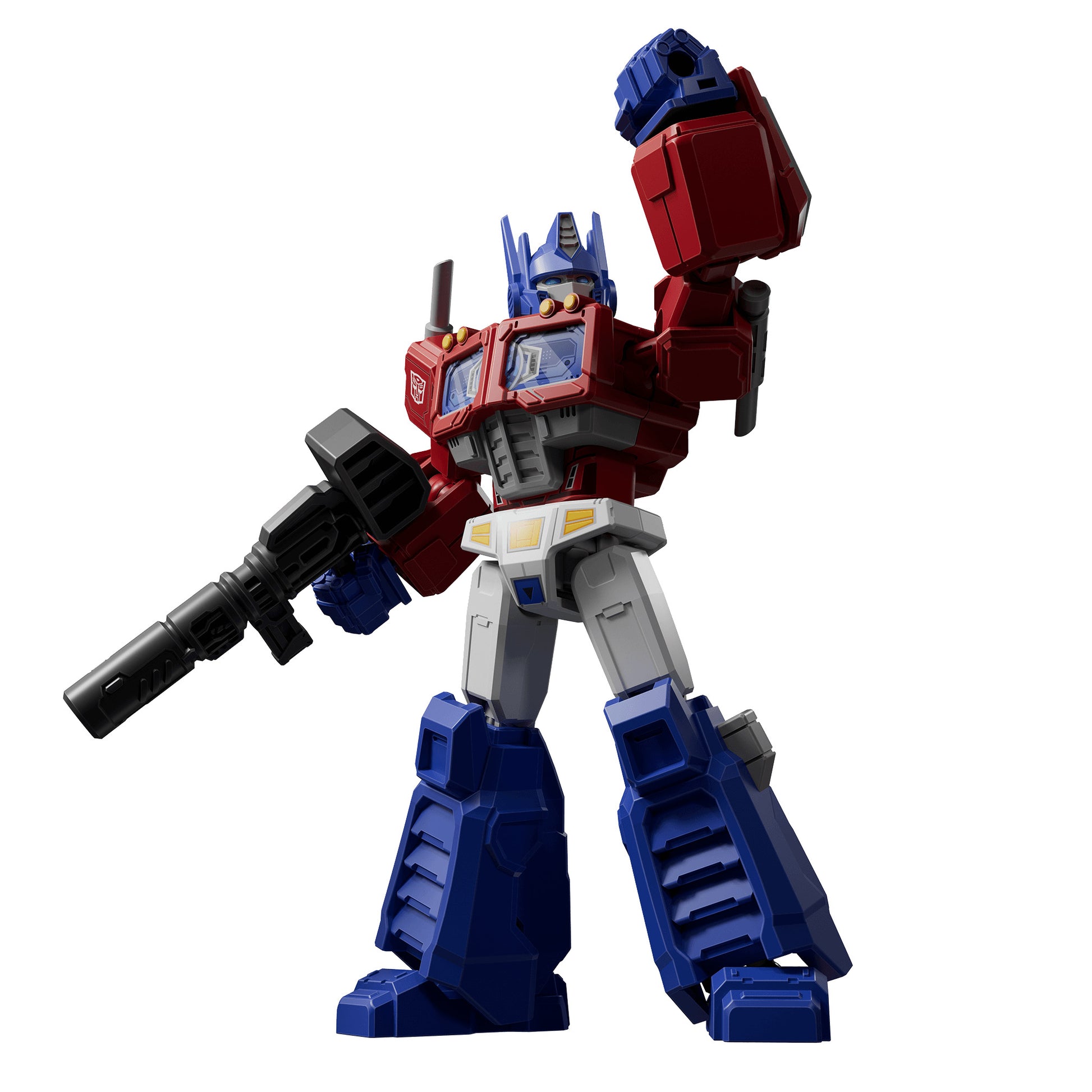 A stylized Transformers GV08 Blokees Optimus Prime action figure in a dynamic pose holds a black rifle against a plain white background