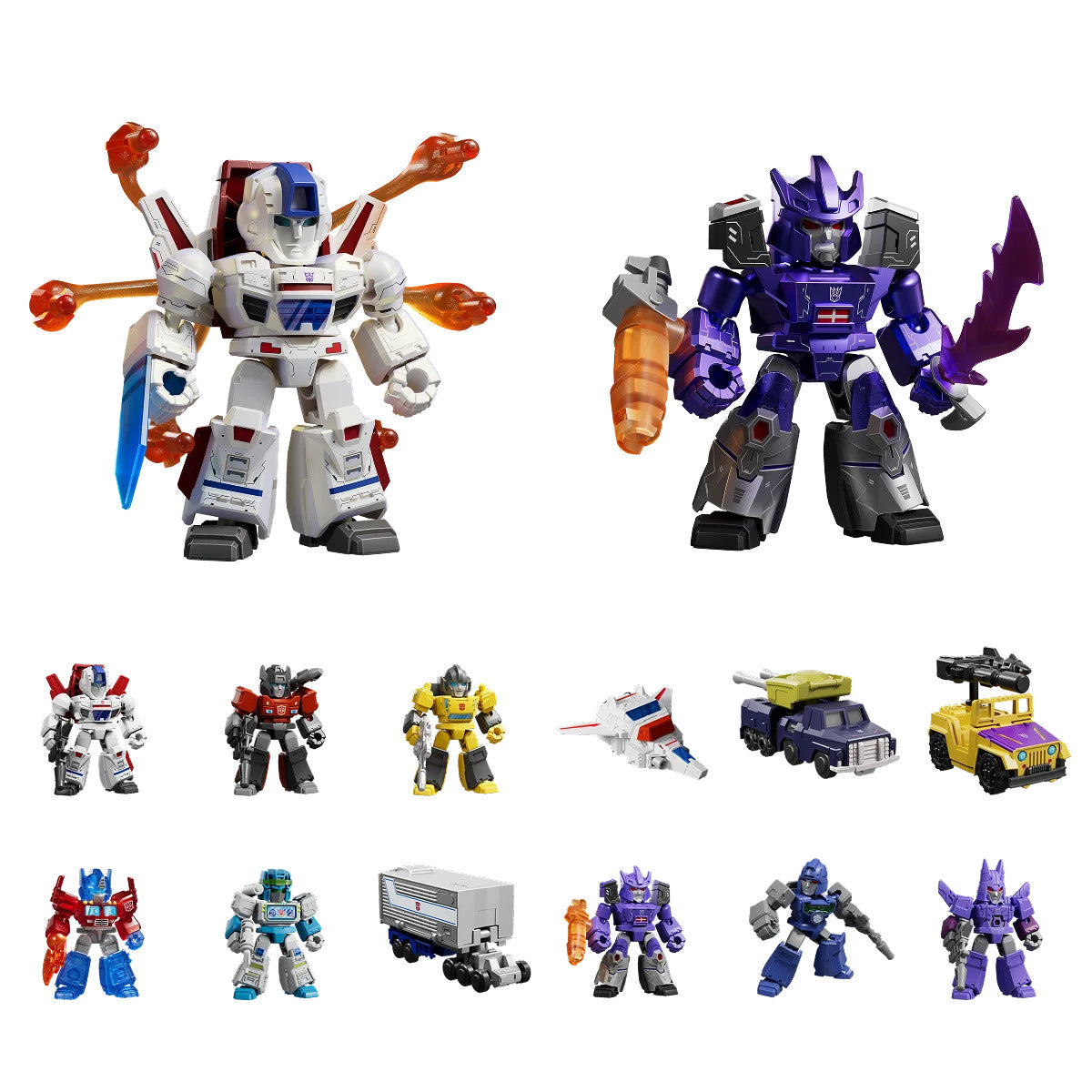 A multi-figure sample image showcasing chibi-style Blokees Transformers toys including Jetfire, Galvatron, Optimus Prime, and several vehicle transformations