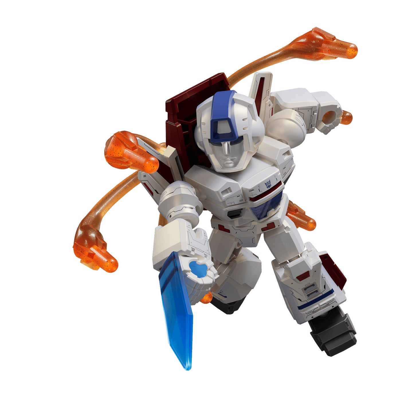 Dynamic rendering of the Transformers Blokees Jetfire figure in white armor, holding a blue blade and sporting four translucent orange energy tentacles