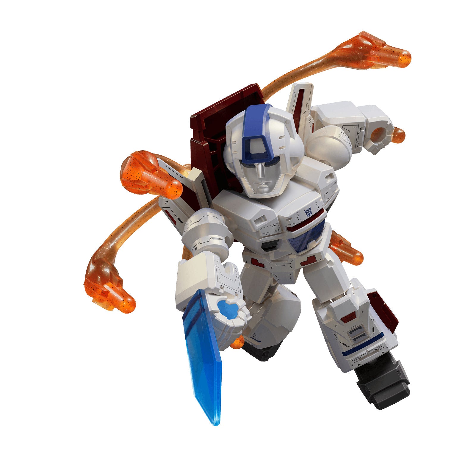 Dynamic rendering of the Transformers Blokees Jetfire figure in white armor, holding a blue blade and sporting four translucent orange energy tentacles