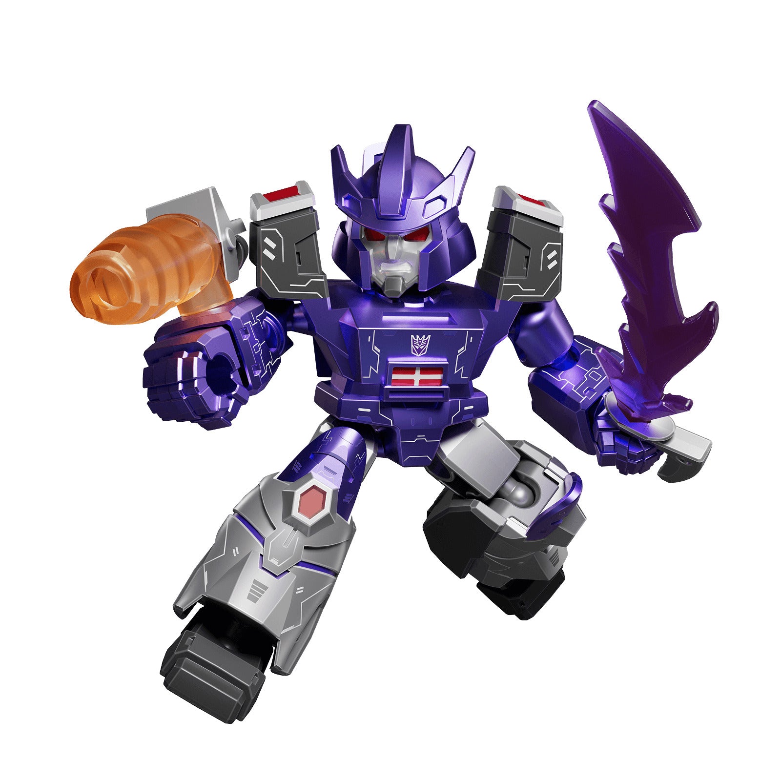 A stylized metallic purple Blokees figure of the Transformer Traitor to Tyranny holds an orange cannon and a dark purple blade