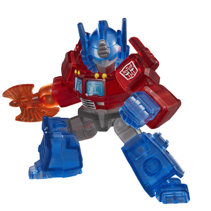 A dynamic Blokees Transformers Optimus Prime figure, crafted from translucent red and blue plastic, holding a transparent orange battle axe