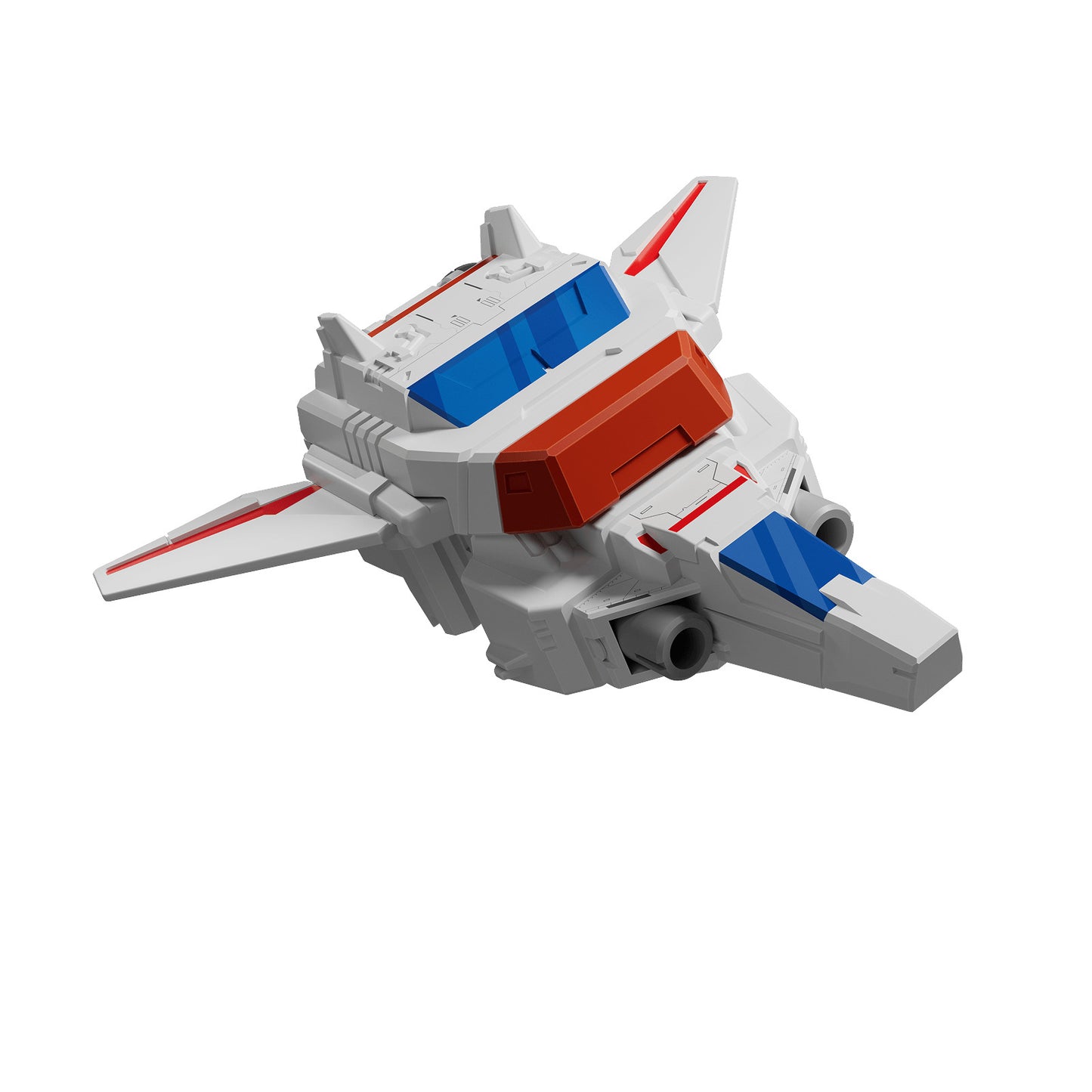 Detailed rendering of the Transformers Skyfire spacecraft mode, rendered in white, gray, blue, and red on a clean white background