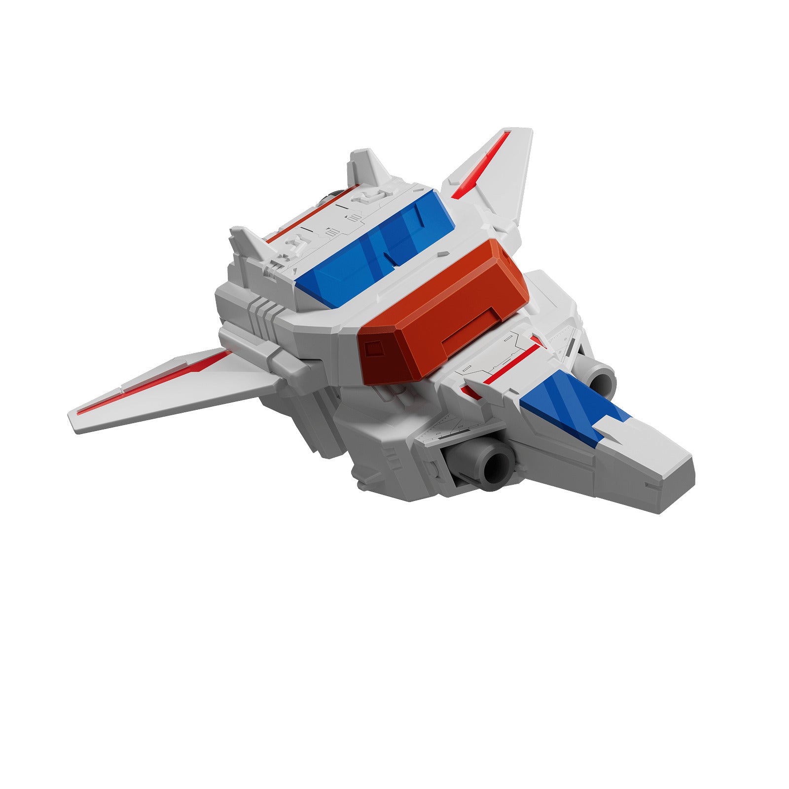 Detailed rendering of the Transformers Skyfire spacecraft mode, rendered in white, gray, blue, and red on a clean white background