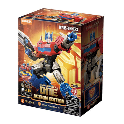 Retail box for the 272-piece BLOKEES Transformers ONE Action Edition Optimus Prime model kit shown prominently in an action pose