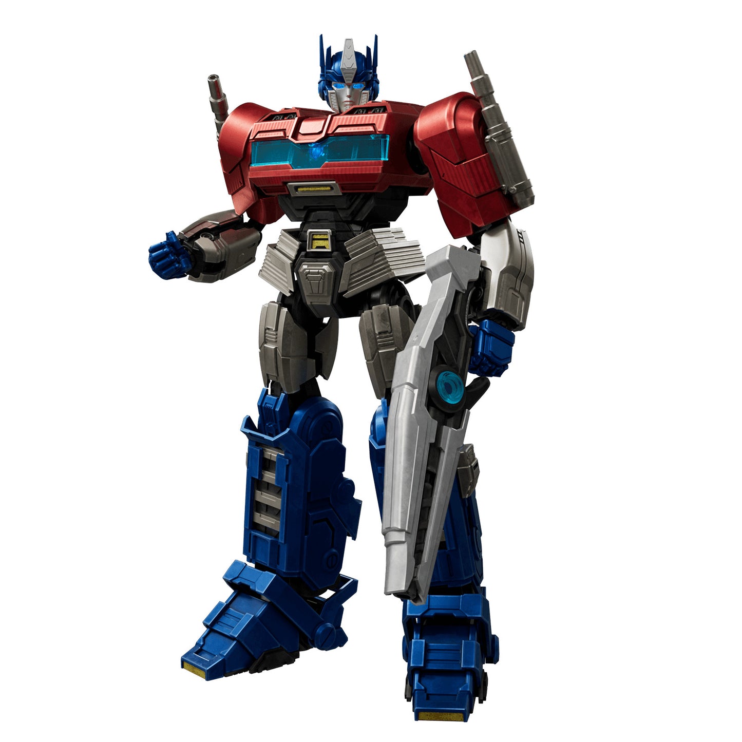 This premium Transformers Optimus Prime collectible figure stands ready for battle, showcasing intricate red and blue armor and clutching a large silver rifle