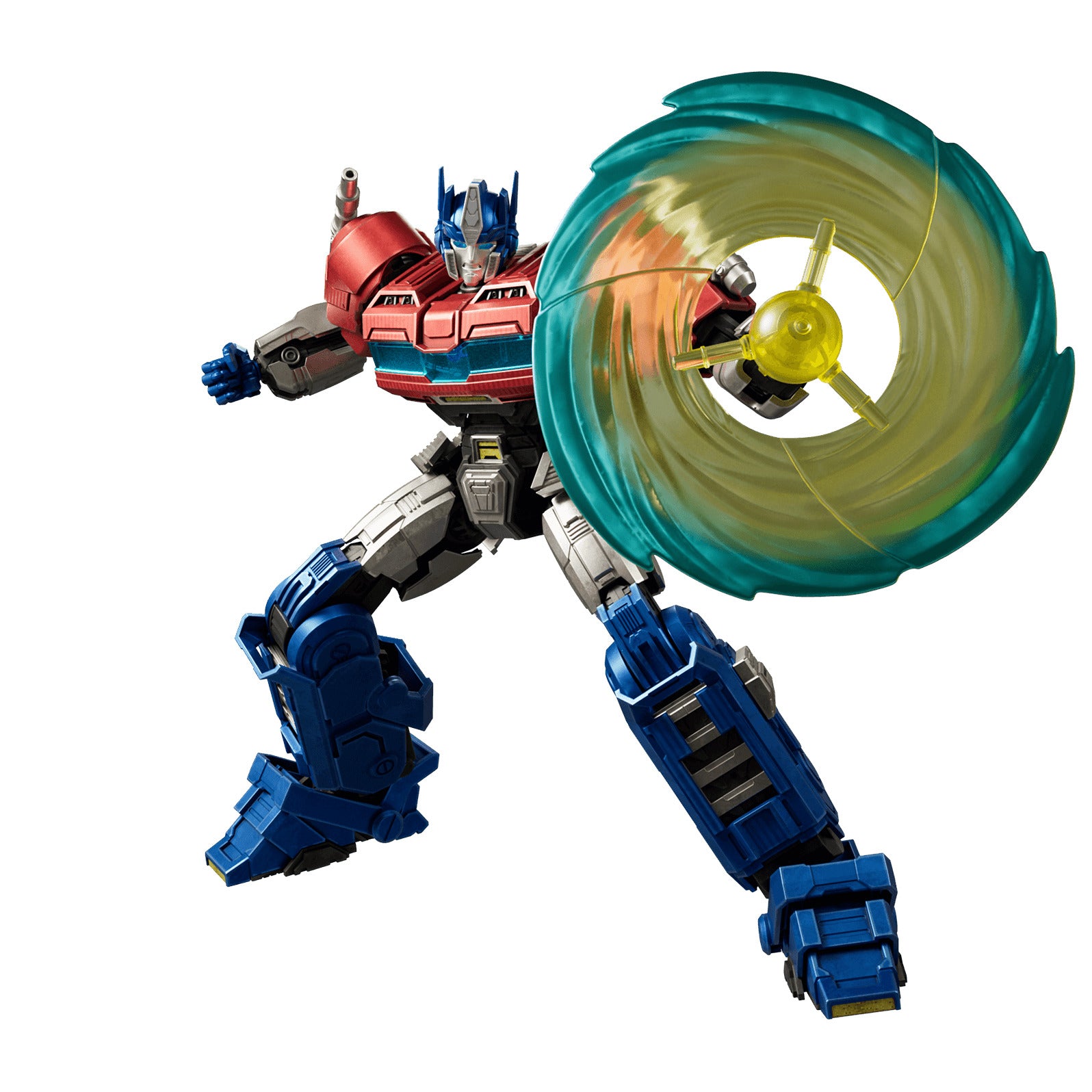 Optimus Prime action figure in a dynamic stance holds a massive translucent swirling shield that fades from teal to bright yellow