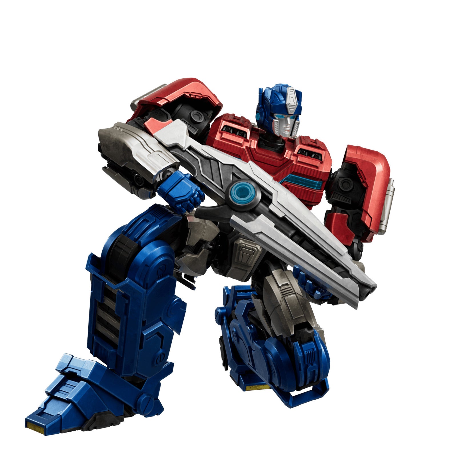 A detailed Optimus Prime collectible figure in metallic red and blue armor is captured lunging forward while gripping an oversized silver blaster rifle