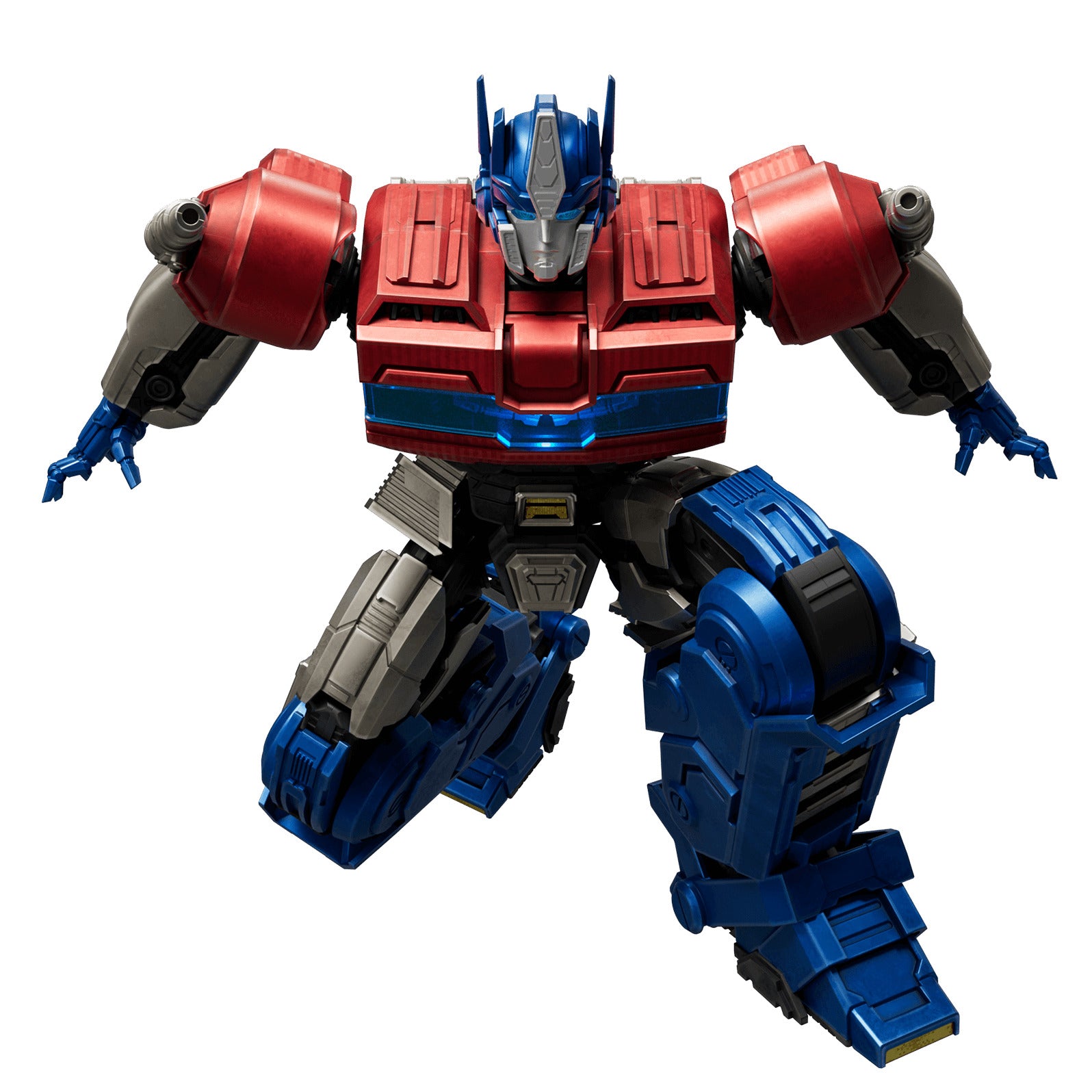 The detailed Optimus Prime figure is shown mid-crouch with spread arms, rendered in bright red, blue, and silver armor plating