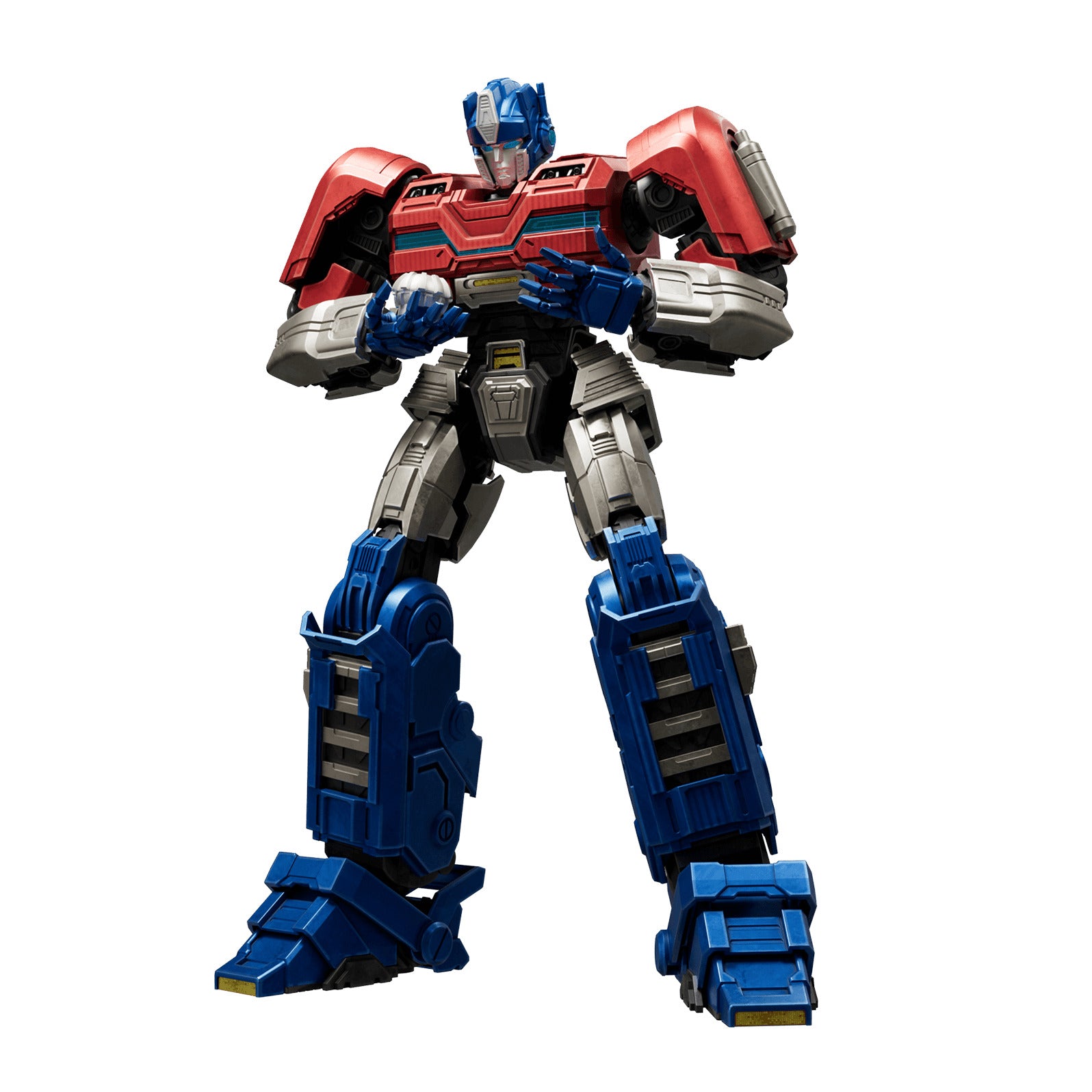Detailed Transformers Optimus Prime figure in red and blue armor stands holding a luminous spherical accessory between its hands