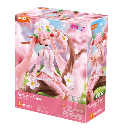 Boxed Blokees Fantastics Series Sakura Miku figure 002 shows the articulated pink-haired character posing with white cherry blossoms