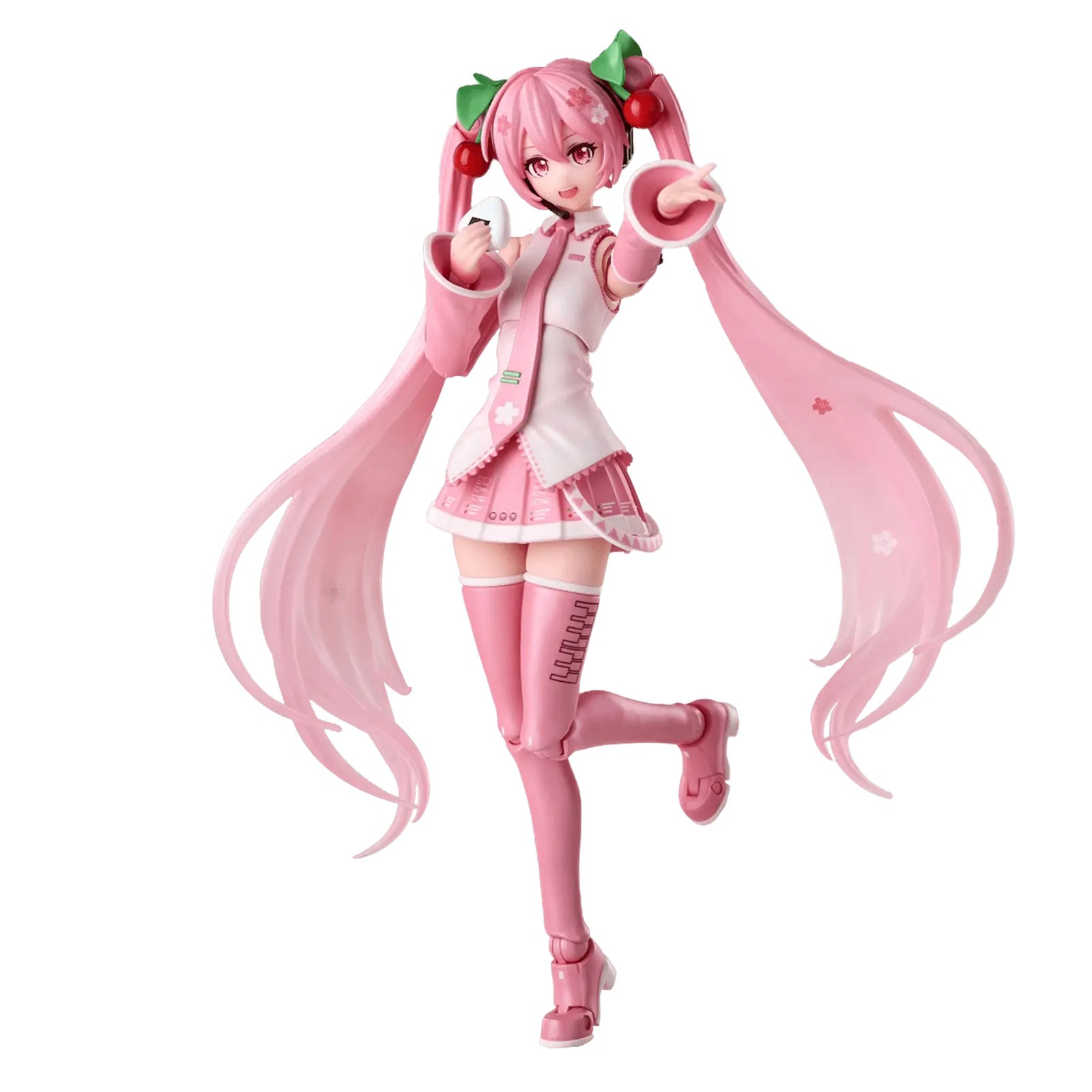 Blokees Sakura Miku figure in a pink and white uniform with cherry blossoms, posed dynamically while holding a white onigiri rice ball