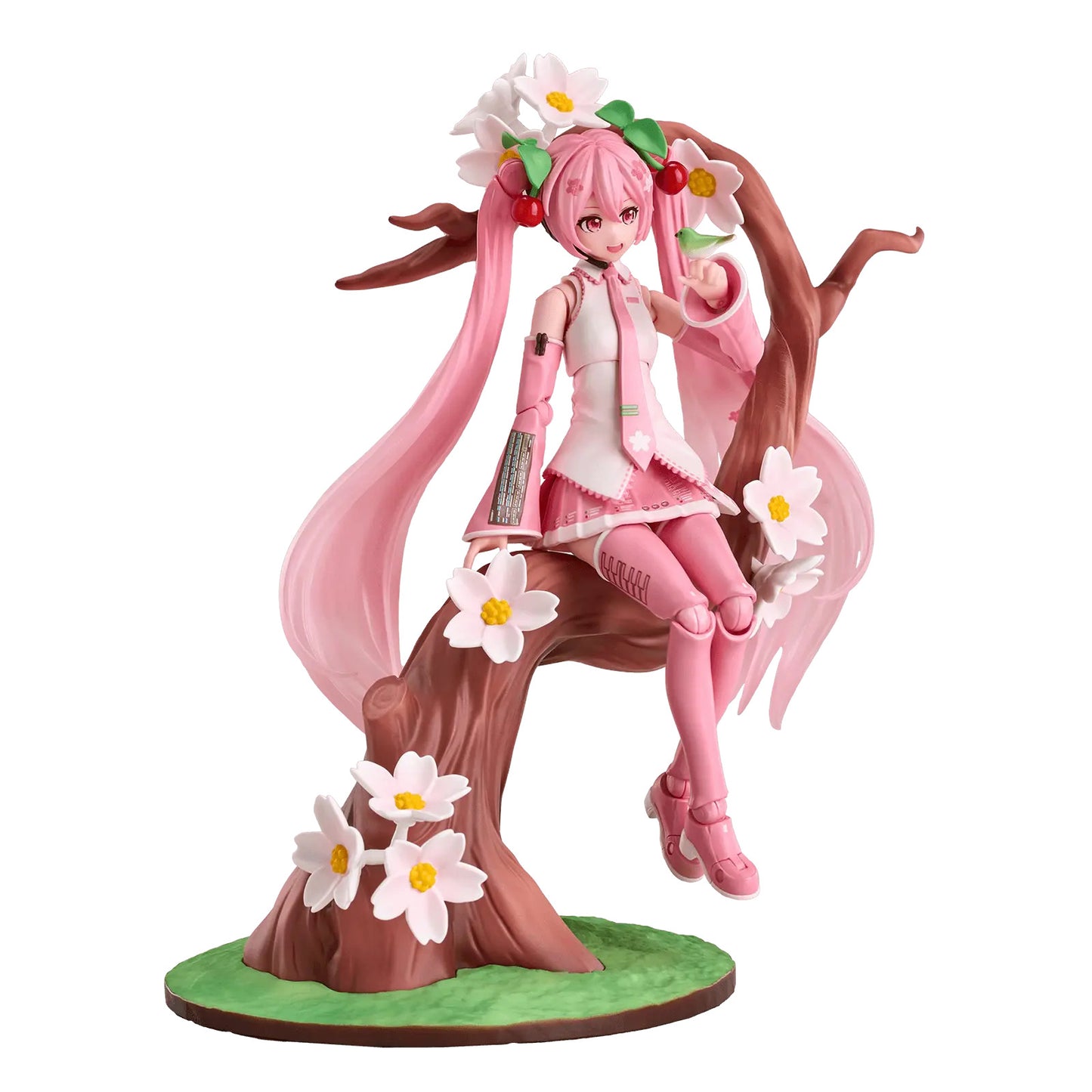 The articulated Sakura Miku figure sits on a brown tree base decorated with white cherry blossoms and a small green bird resting on her hand