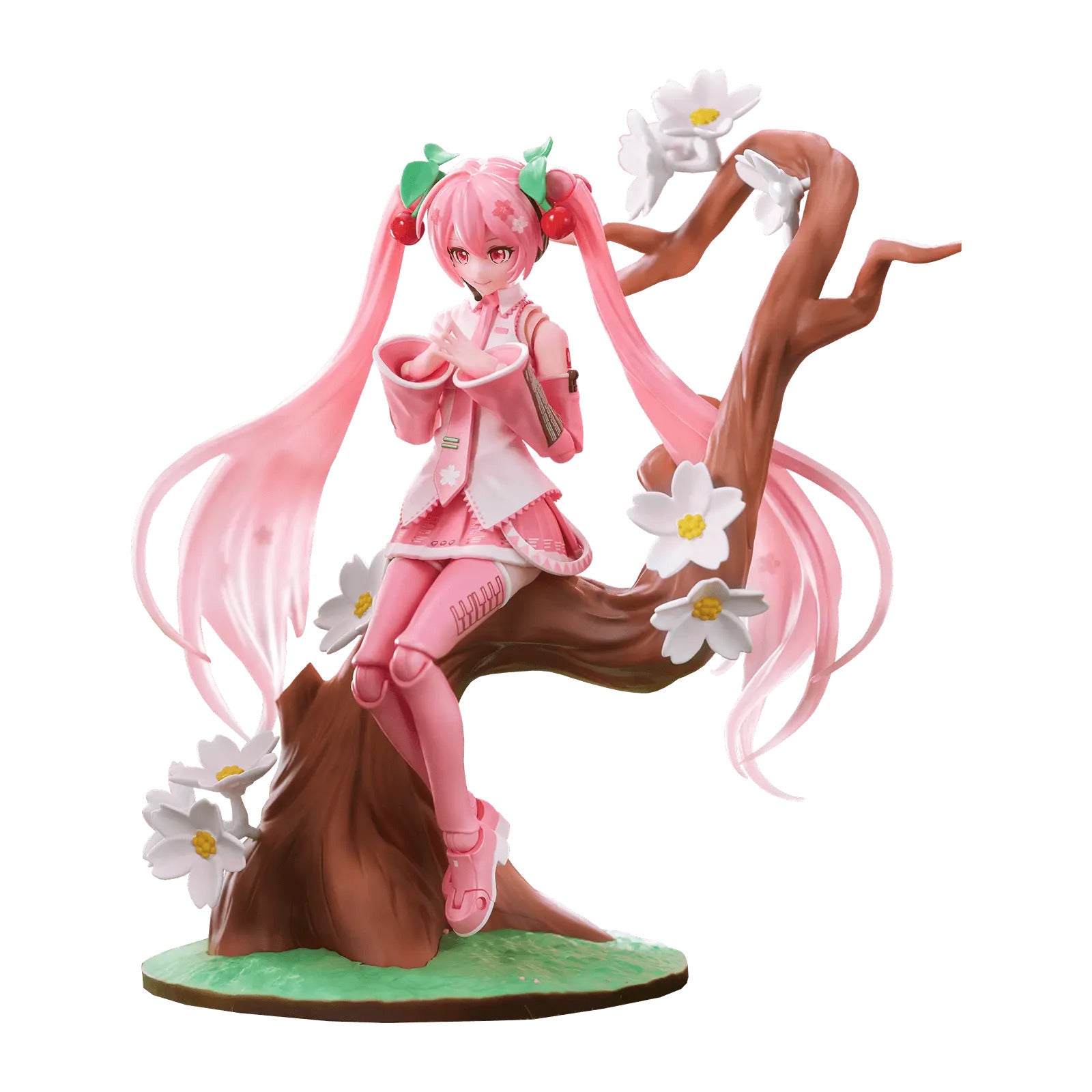 Articulated Sakura Miku figure in pink attire sits on a detailed brown branch decorated with white cherry blossoms against a white background