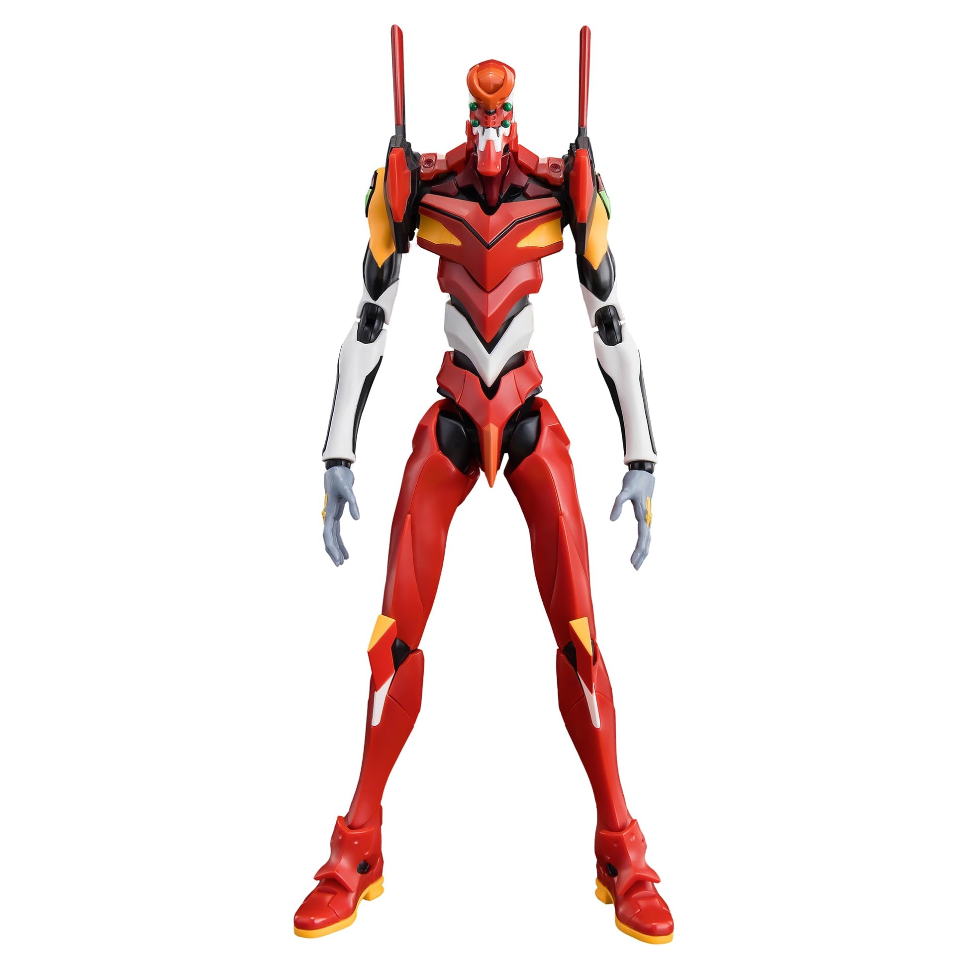 Articulated Evangelion Unit 02 action figure by Blokees, featuring detailed red, white, and yellow mechanical armor standing vertically