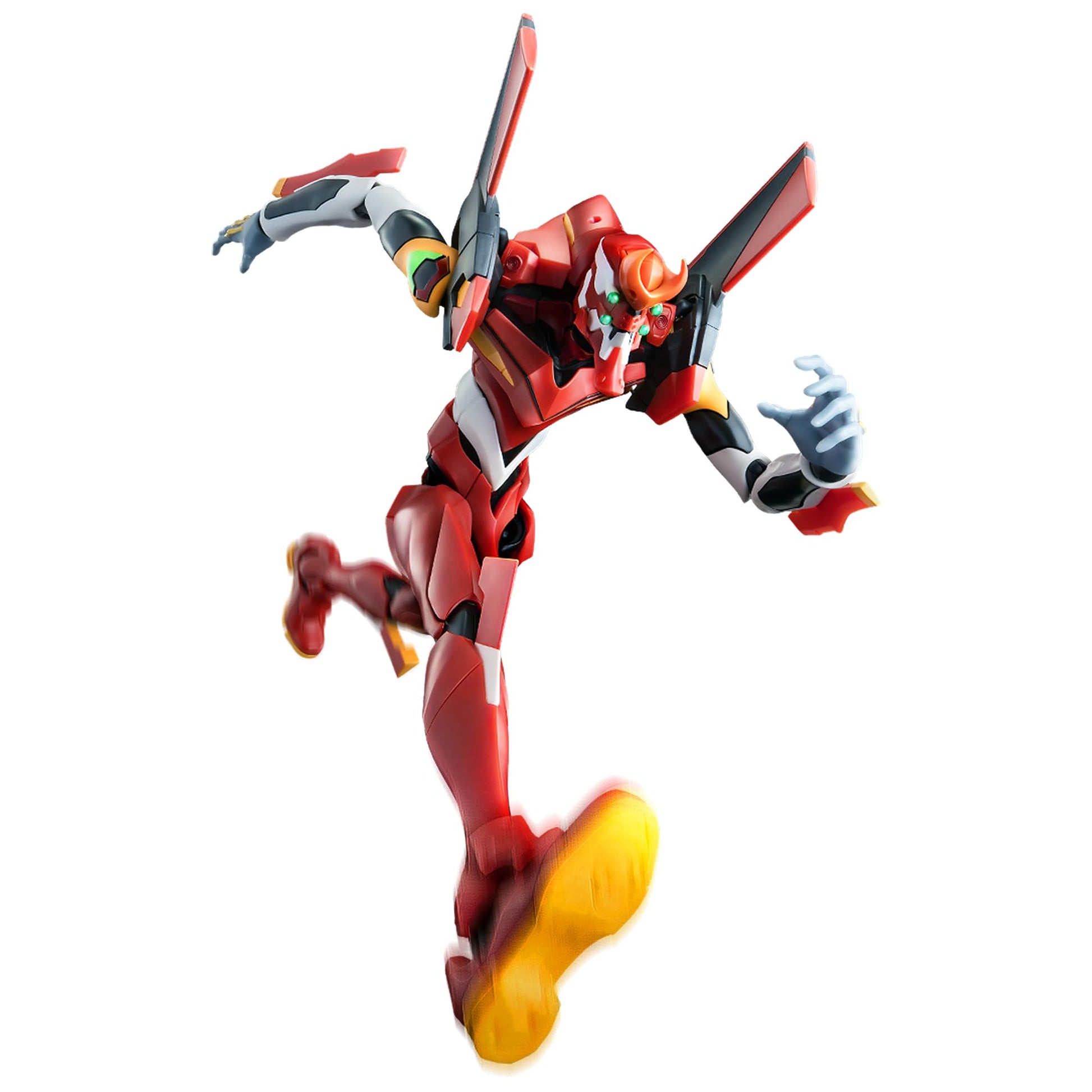 The red and white Blokees Evangelion Unit-02 action figure is posed dynamically mid-jump, displaying motion blur on its forward yellow boot