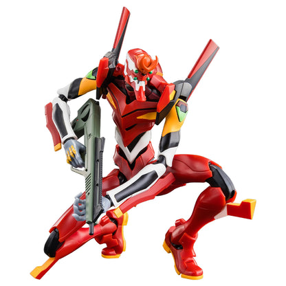 A detailed Blokees Evangelion Unit-02 action figure, primarily red and yellow, is dynamically crouched while aiming a long green rifle