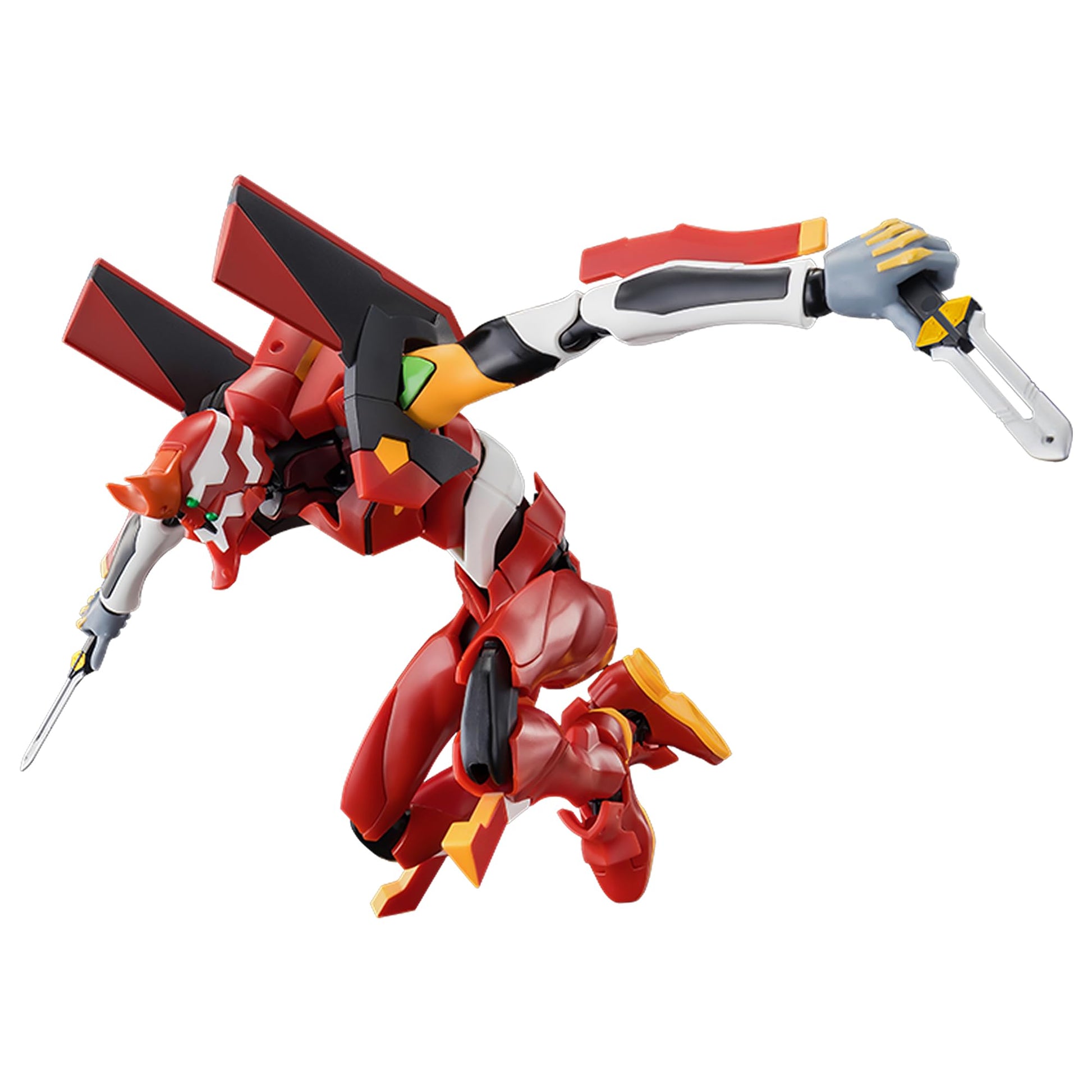 The red Blokees Evangelion Unit 02 action figure is pictured in a crouching combat stance holding dual blades