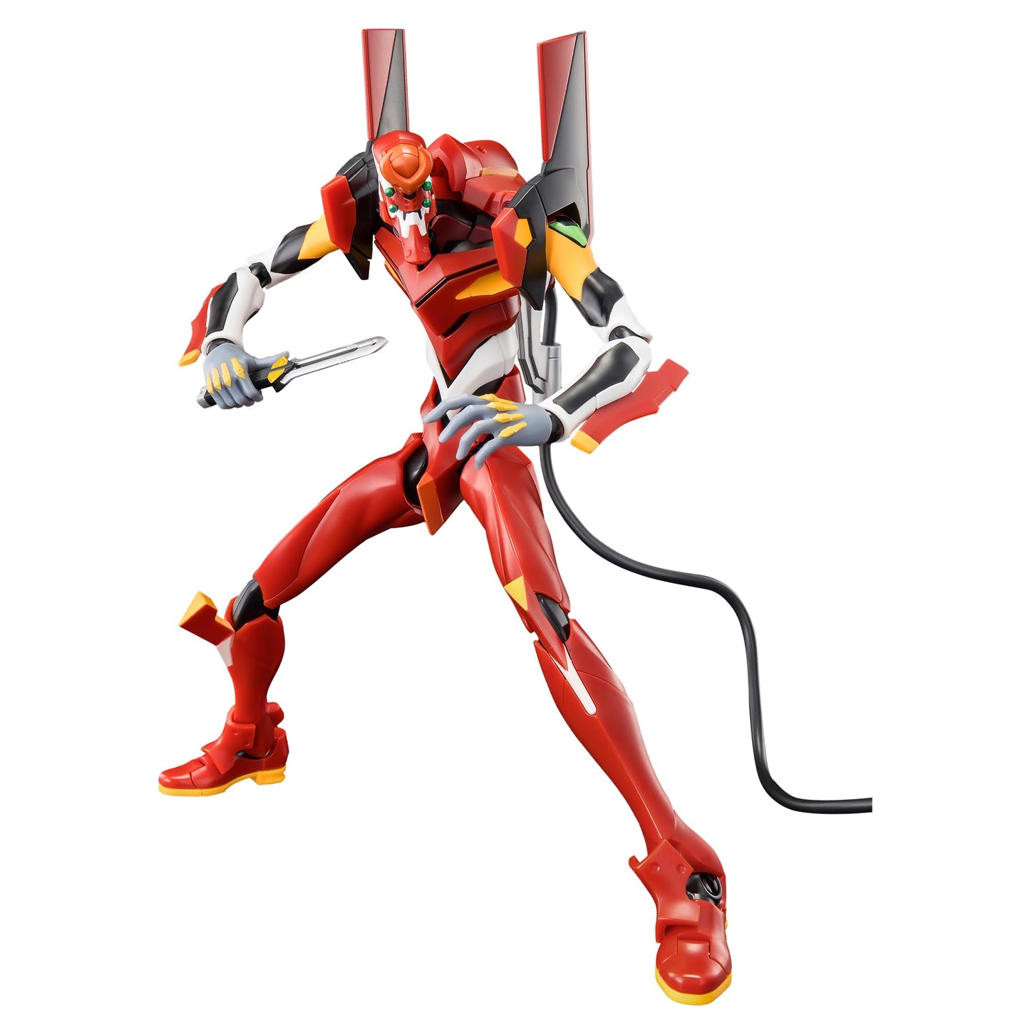 Articulated Blokees Evangelion Unit 02 action figure in red and yellow is aggressively posed, clutching a blade and connected to a black umbilical cable