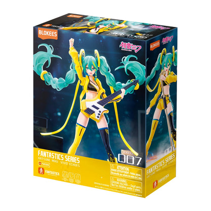 A yellow and black Blokees box showcases the Hatsune Miku Vivid Echoes articulated figure, shown rocking out with a guitar