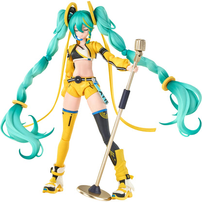 Hatsune Miku Vivid Echoes figure in a vibrant yellow jacket and shorts with teal hair, holding a stand-up gold microphone