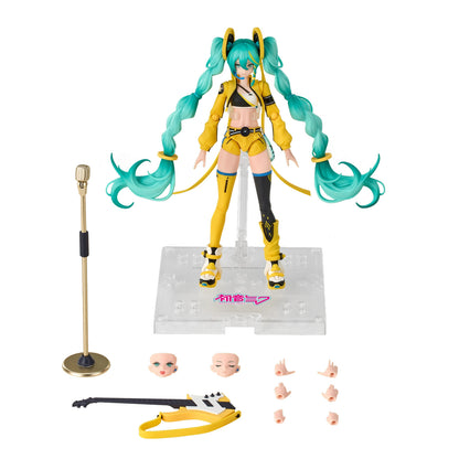 Blokees Hatsune Miku Vivid Echoes articulated figure in yellow and black, packaged with a guitar, microphone stand, two faceplates, and interchangeable hands
