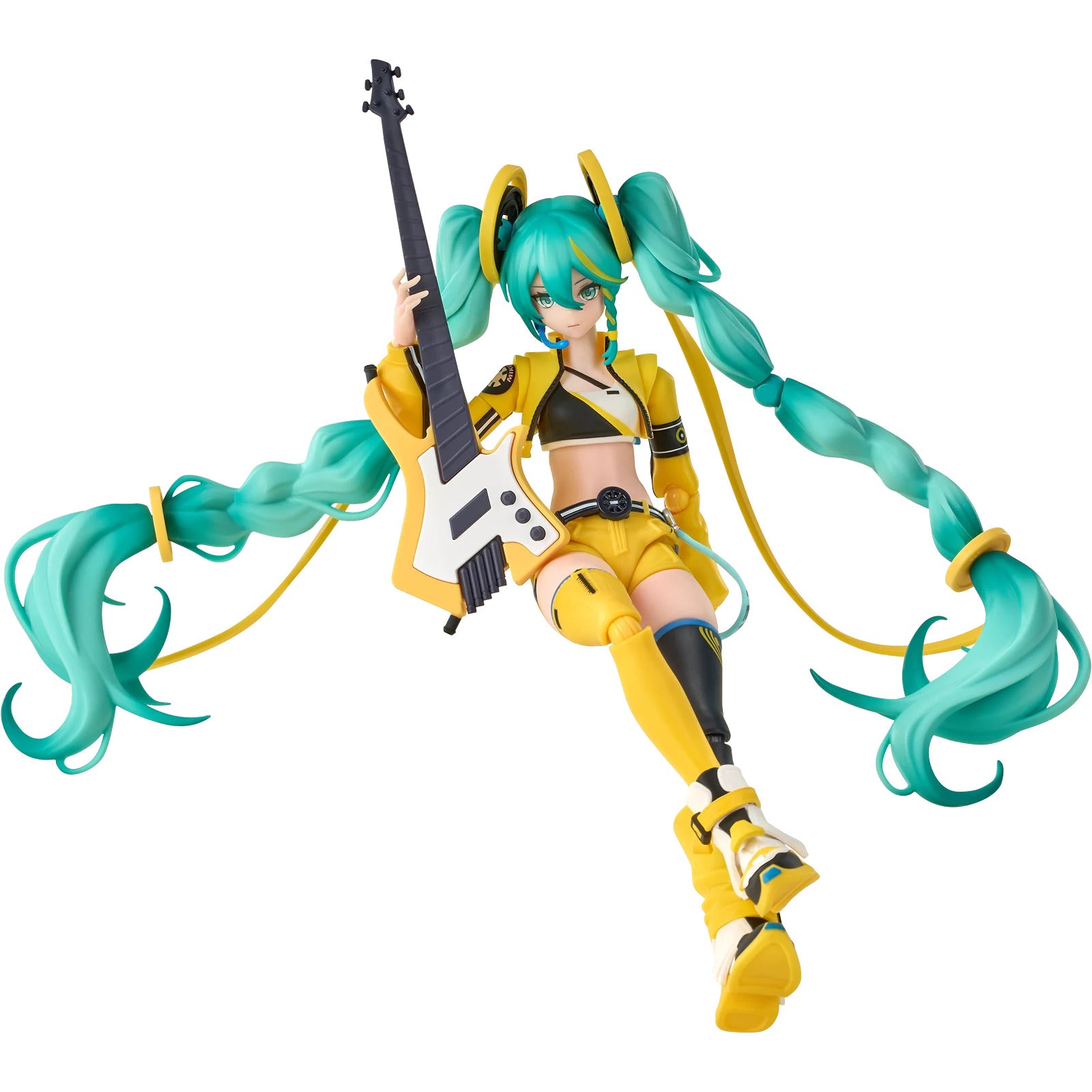 An articulated Hatsune Miku Vivid Echoes figure in a bright yellow and black rocker outfit is posed dynamically while holding a stylized electric guitar
