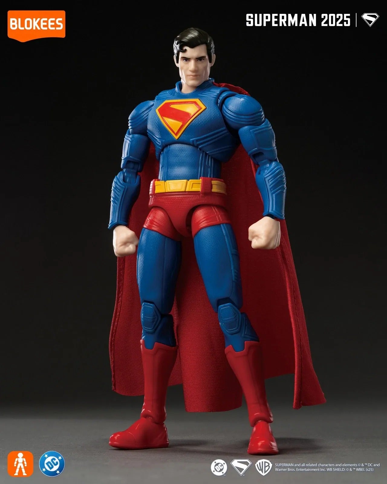 Superman 2025 Blokees action figure, standing in a textured blue suit with red cape and yellow S-shield