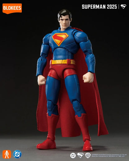 Superman 2025 Blokees action figure, standing in a textured blue suit with red cape and yellow S-shield