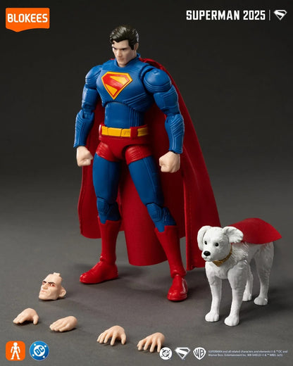 Superman action figure with red cape standing beside Krypto the Superdog toy, displayed with interchangeable hands and head
