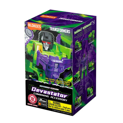 Angled image of the green and purple BloKees Devastator Combining Accessory box, featuring the Defender Version robot chest and 28 pieces