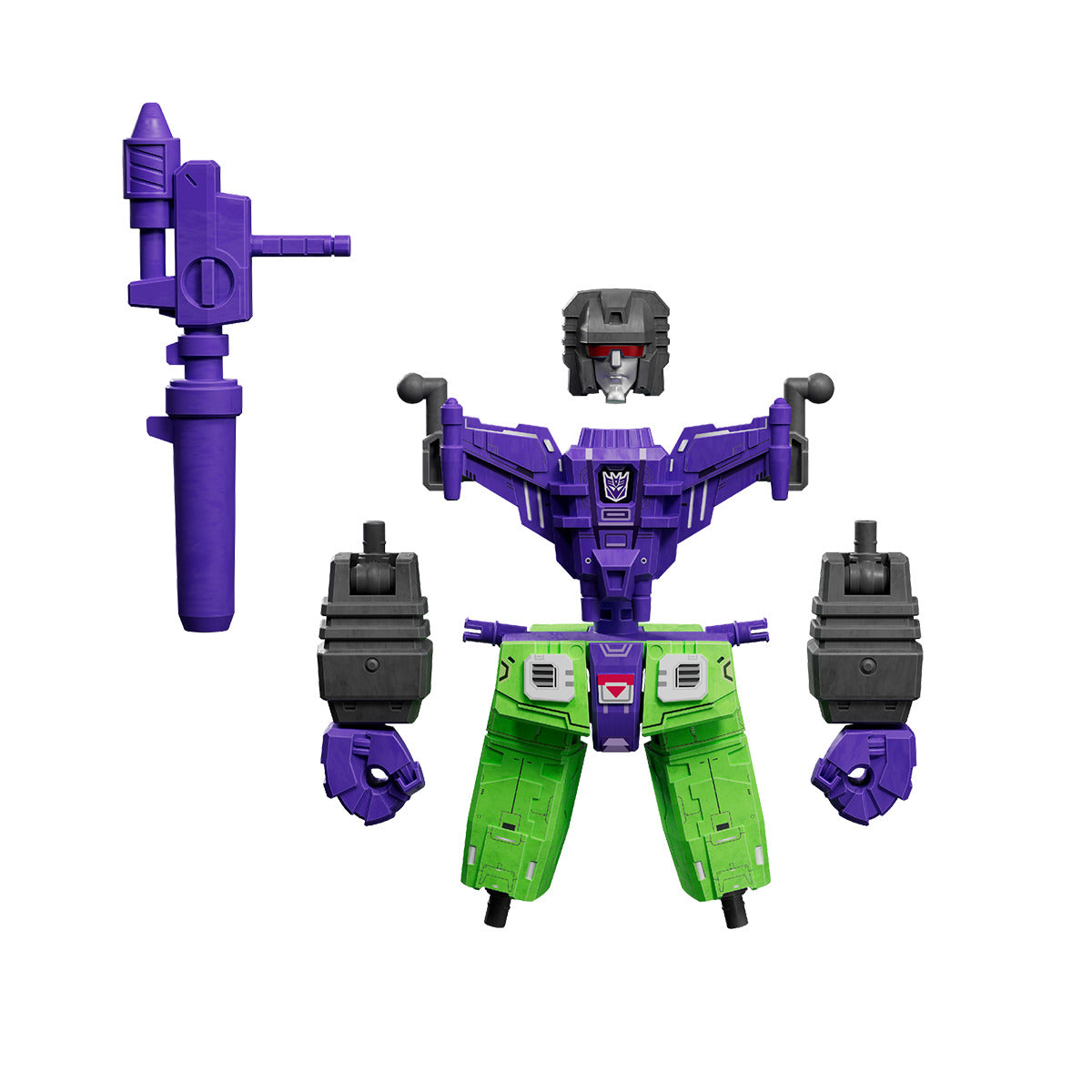 The accessory parts for Devastator including the purple torso and head, green lower body, black arms, and a separate purple weapon disassembled against white