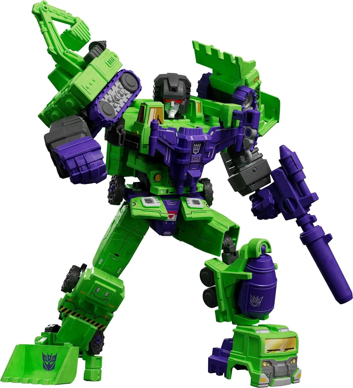 Dynamic shot of the Devastator combiner figure, assembled from bright green construction vehicles and accented with striking purple armor and weapon