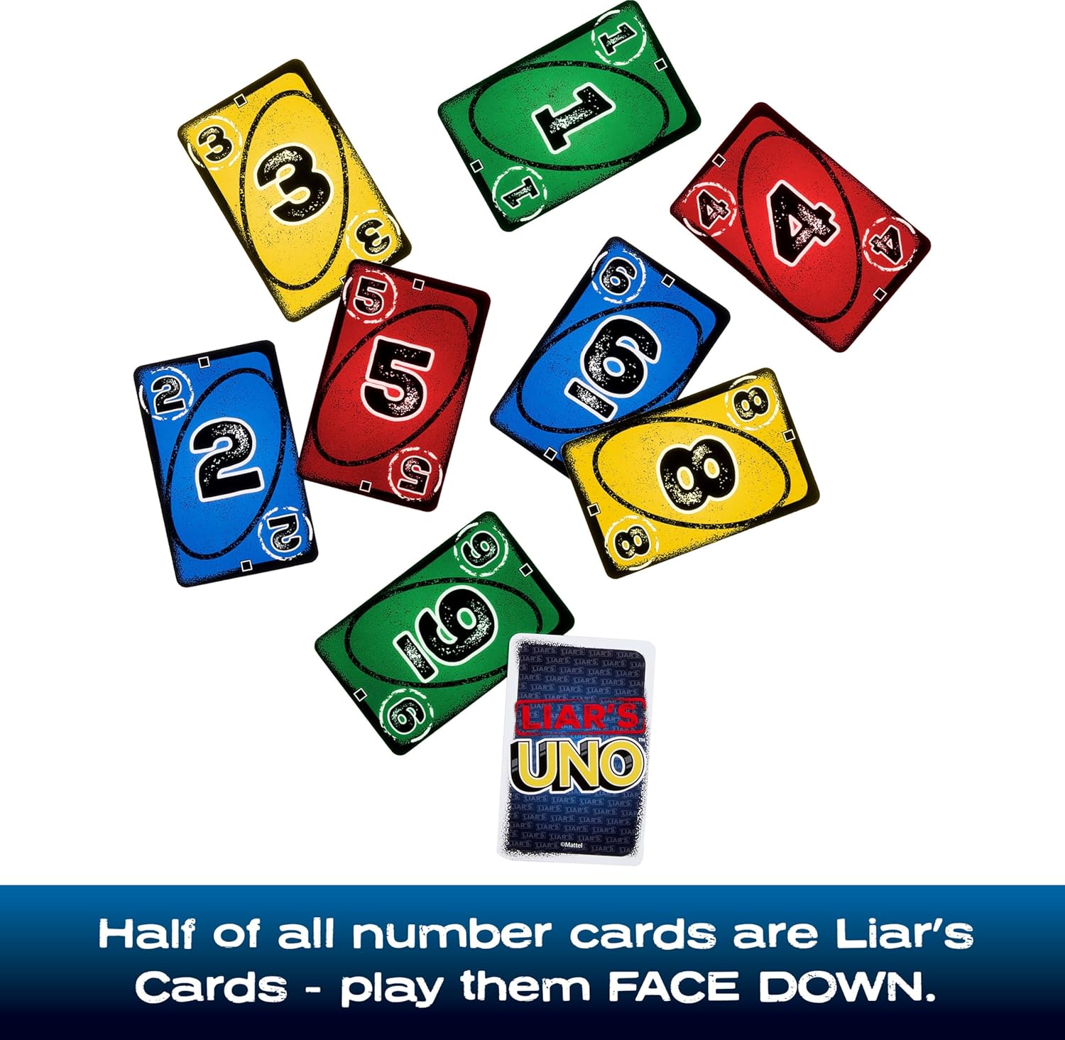 Scattered yellow, red, blue, and green UNO number cards surrounding a "Liar's UNO" title card