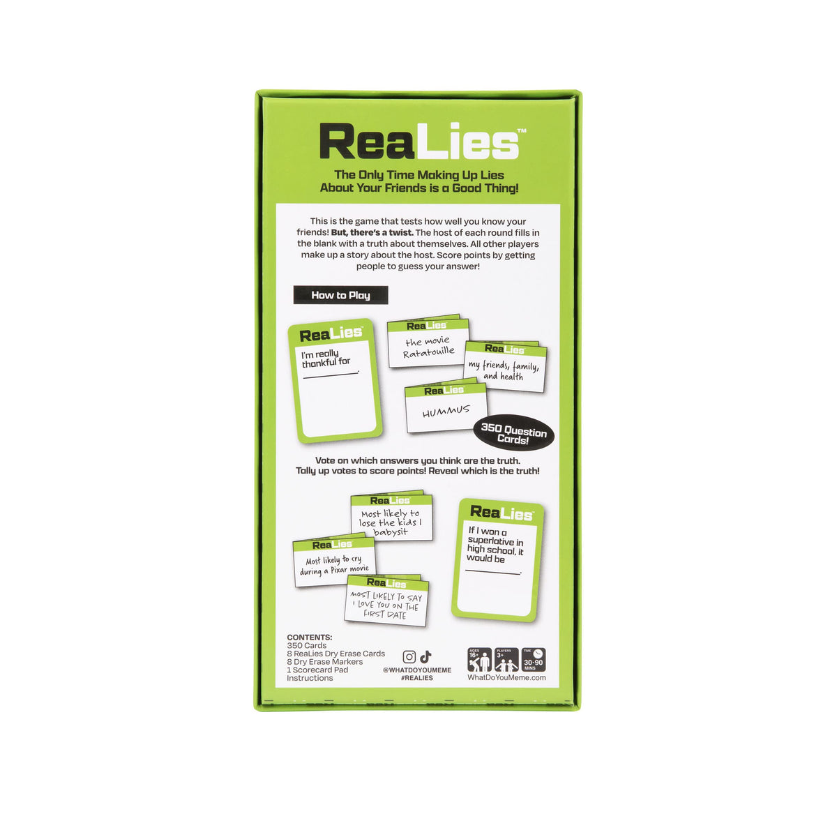 Back of What Do You Meme: ReaLies box with game details and contents