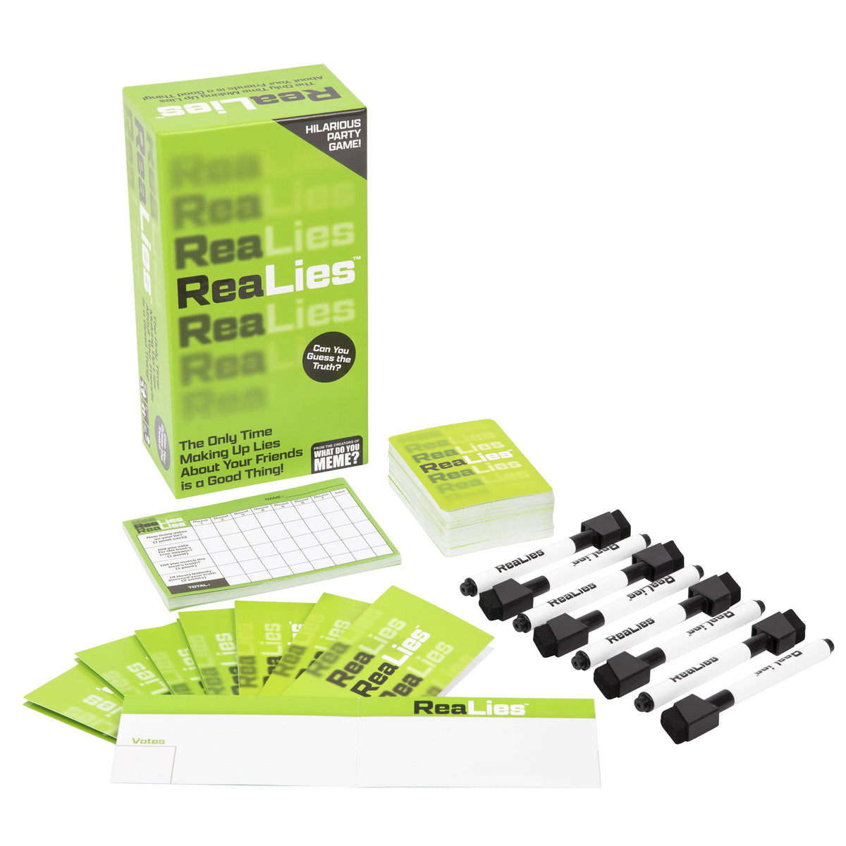 What Do You Meme: ReaLies box and cards displayed at an angle on white background