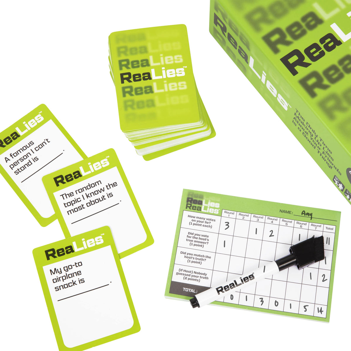 Points booklet and cards from What Do You Meme: ReaLies game displayed together