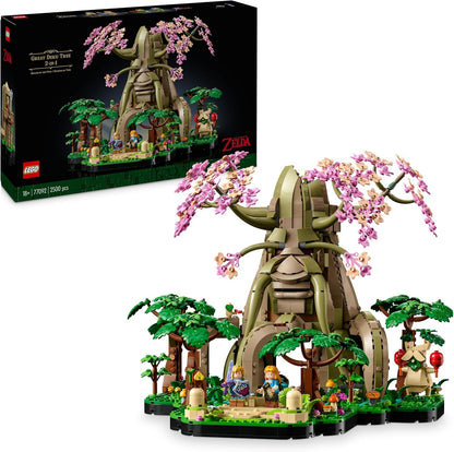 LEGO Great Deku Tree model with pink cherry blossoms, Link and Zelda minifigures, shown beside the box