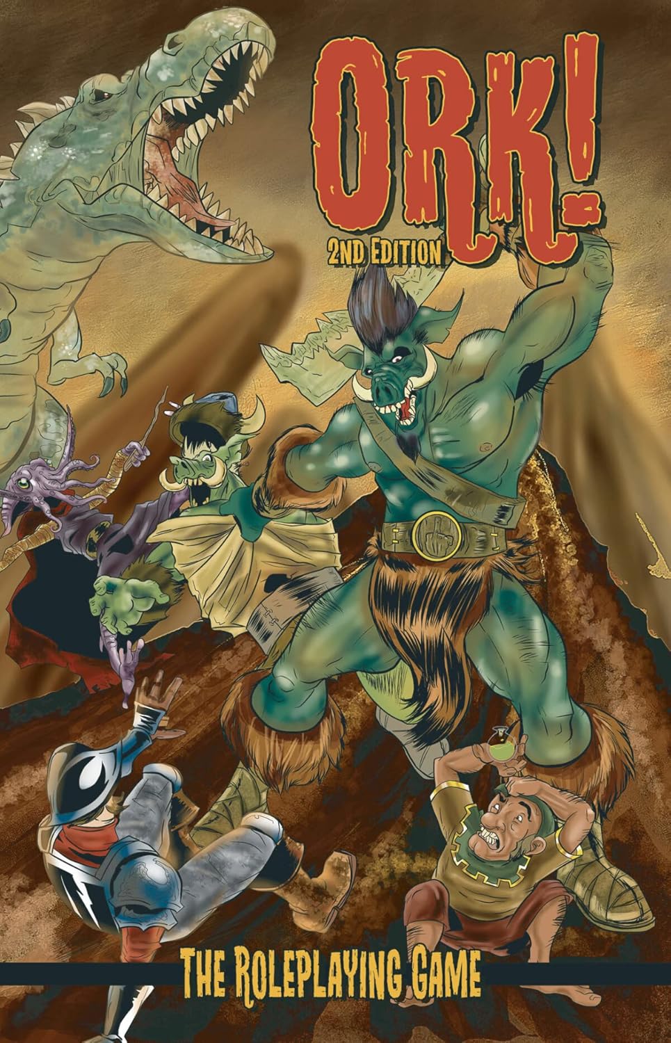 ORK! 2nd Edition cover shows a muscular green ork with a club, leading smaller orks against fallen humans, with a roaring dinosaur.