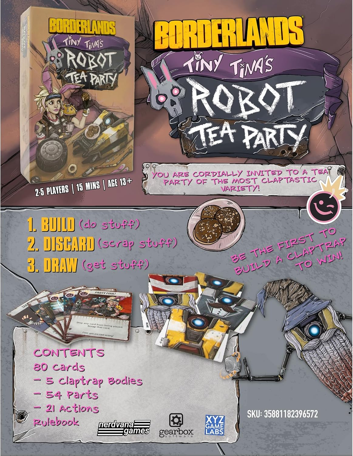 Promotional image for Borderlands: Tiny Tina's Robot Tea Party board game, showing box, cards, and parts to build Claptraps