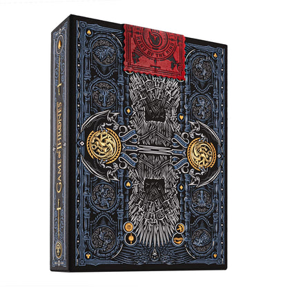 Detailed Game of Thrones playing card box featuring the Iron Throne, house sigils and a red seal