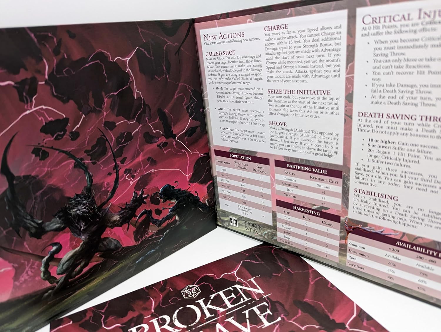An open 'Broken Weave' rulebook shows dark fantasy art of two creatures and game rules