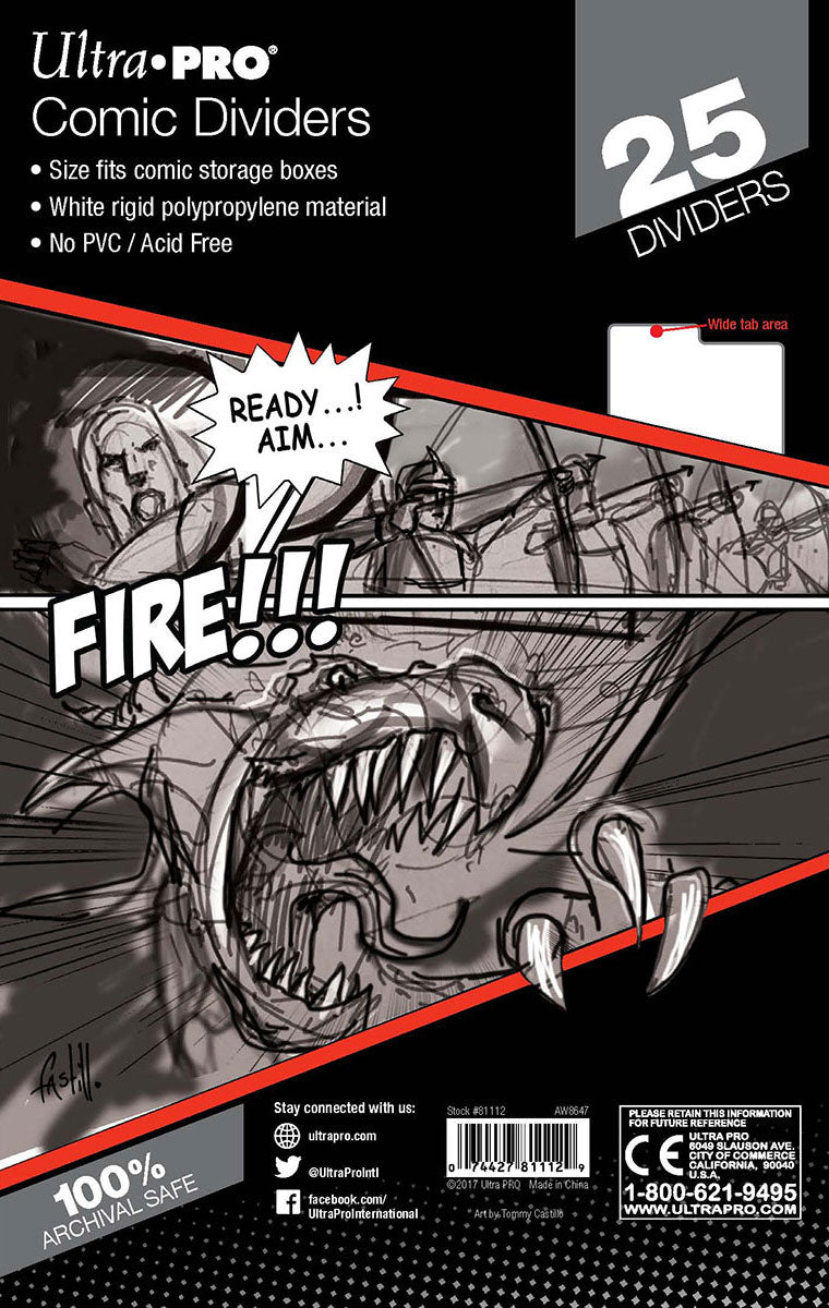 Ultra PRO Comic Dividers package featuring comic art of archers firing at a monster, with "READY...AIM...FIRE!!!" text